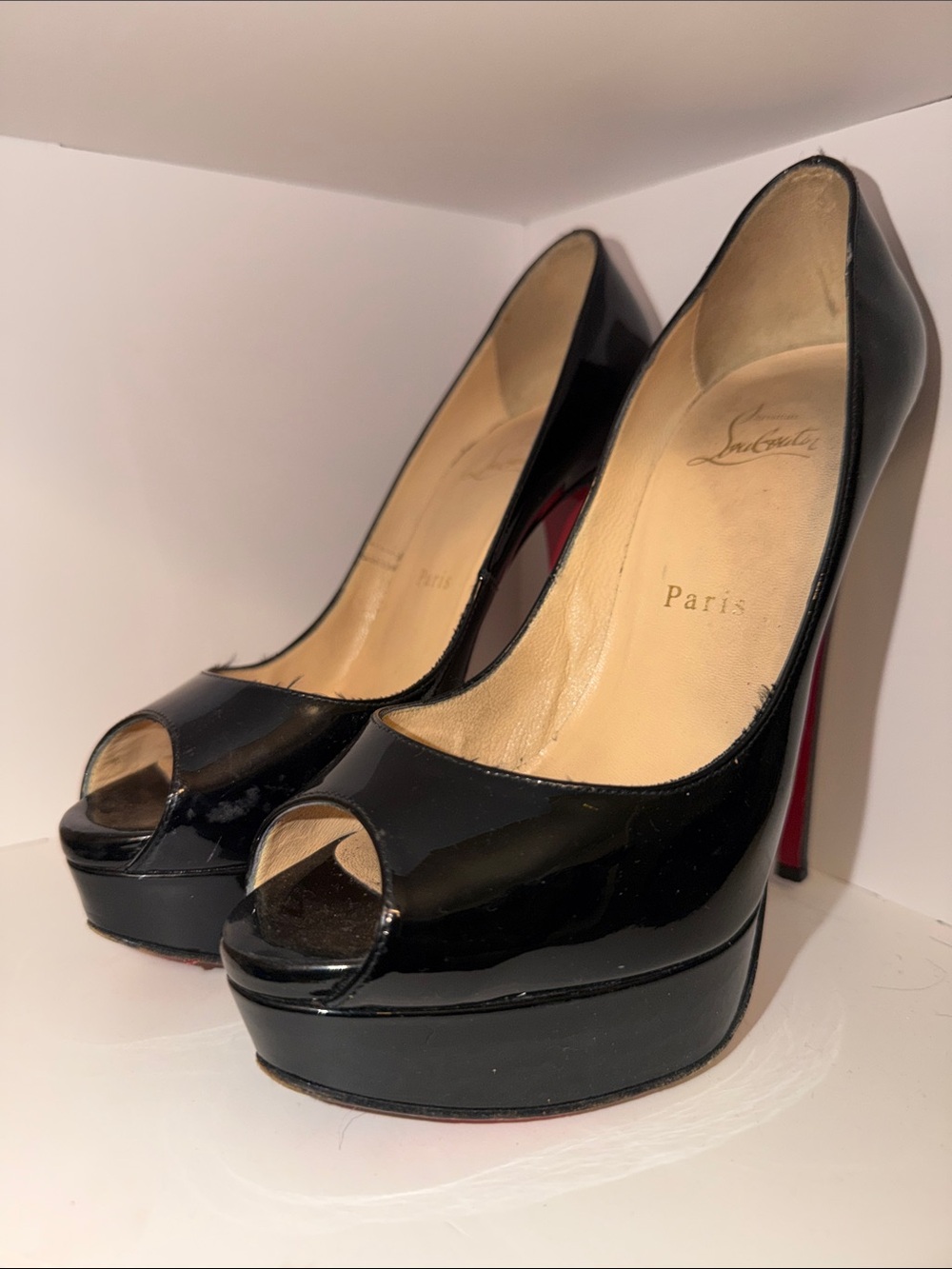 Christian Louboutin Black Patent Peep-Toe Platform Heels